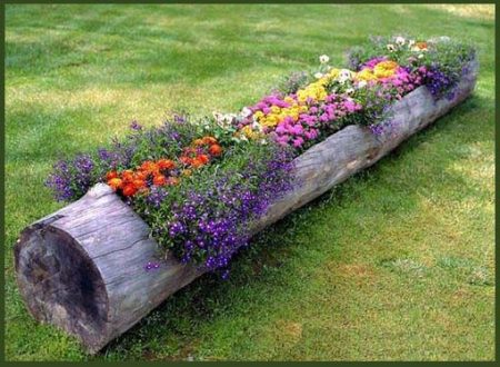 parterre de fleurs fabriqué à partir d'une bûche