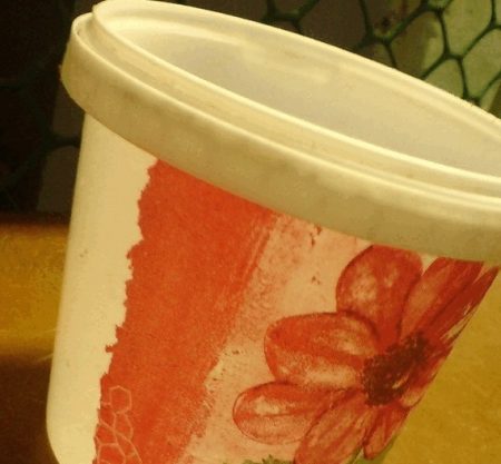 Maceta hecha con un cubo de mayonesa