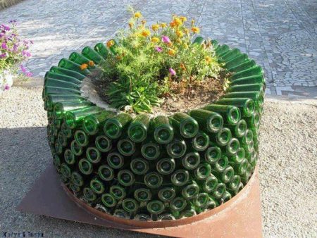 Una grande aiuola realizzata con comuni bottiglie verdi
