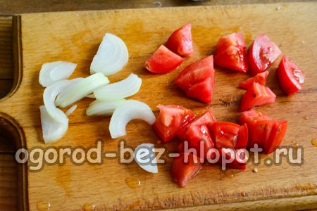 Tomaten und Zwiebeln klein schneiden und anbraten