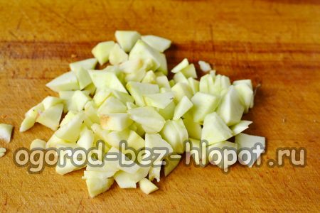 Den Apfel in große Stücke schneiden und zu den anderen Zutaten geben.