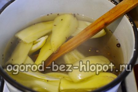 Kleine Portionen Paprika in die kochende, vorbereitete Salzlake geben und kochen lassen.