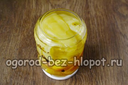 Das Gemüse und die Früchte abwechselnd in saubere, trockene Gläser geben, mit Salzlake auffüllen und die Deckel verschließen.