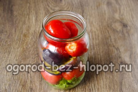 Die Gewürze zuerst in den Boden des Glases geben, dann die Tomaten und Pflaumen.