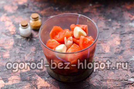 Tomaten und Knoblauch in einen Mixer geben