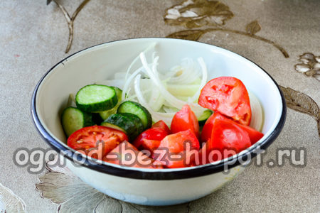 Tomaten, Gurken und Zwiebeln klein schneiden