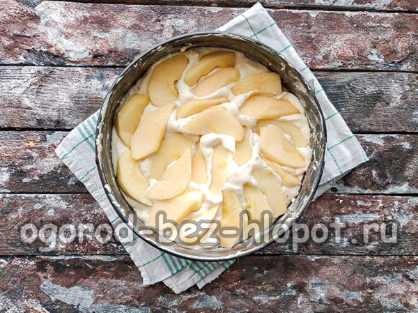 Déposez la pâte et les pommes dans le moule.