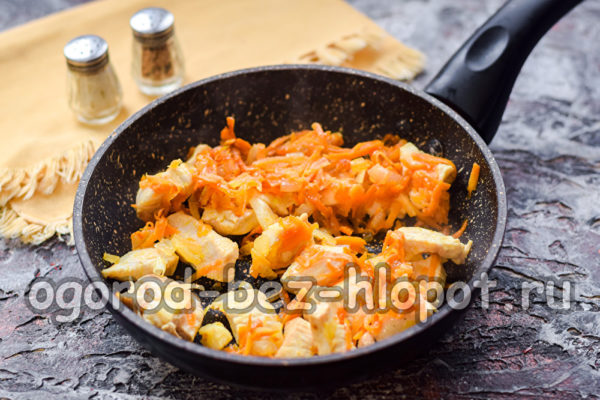 faire revenir des oignons, des carottes et du poulet