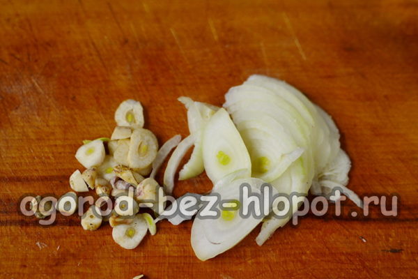 Zwiebel und Knoblauch klein schneiden