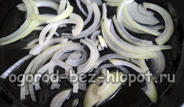 Die Zwiebel klein schneiden und in die Pfanne geben.