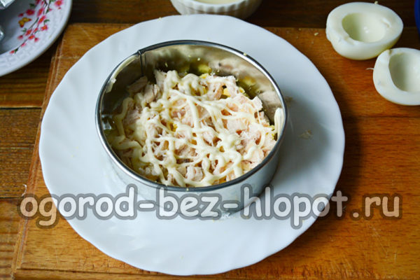 Badigeonnez une couche de poulet avec de la mayonnaise.