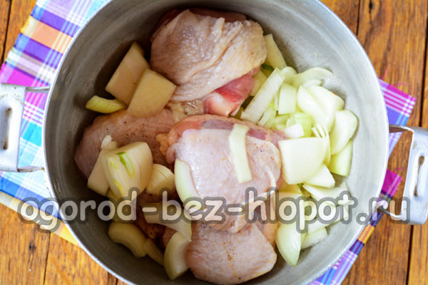 Die Zwiebeln mit dem Fleisch anbraten.