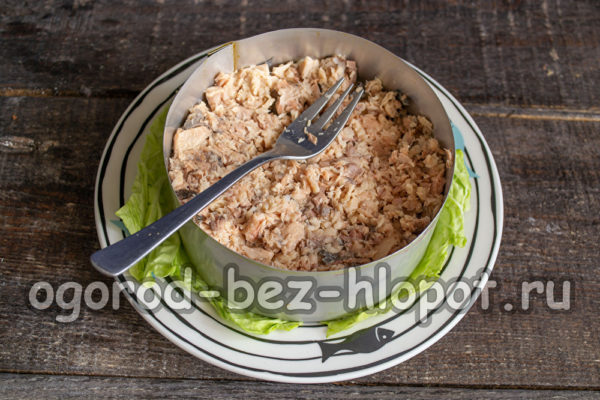 Écrasez le poisson à la fourchette et placez-le dans un anneau.