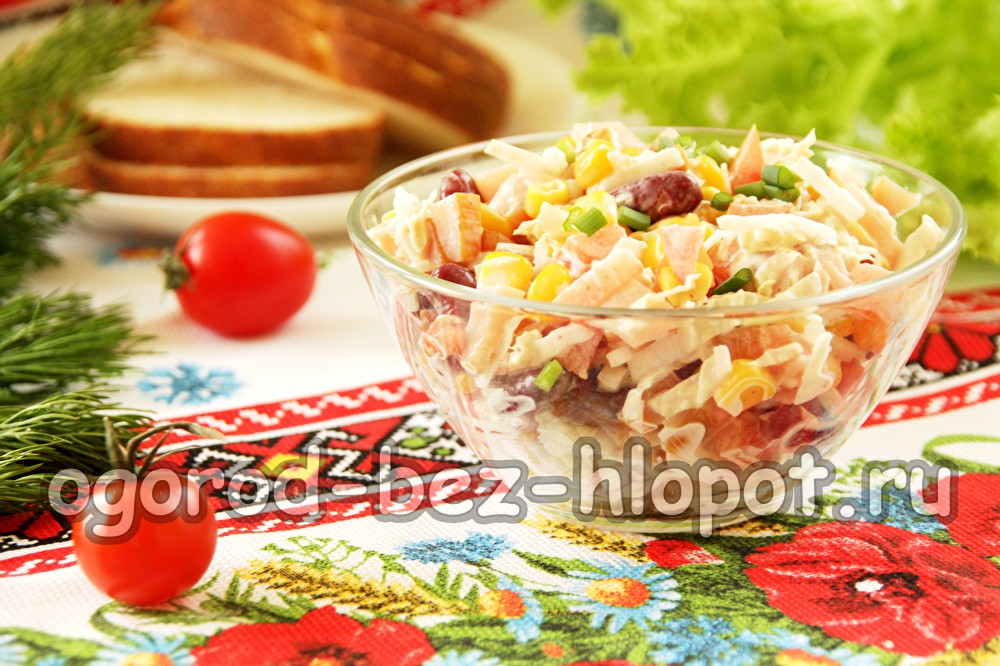 Salat mit Hähnchen, Bohnen, Mais und Gemüse