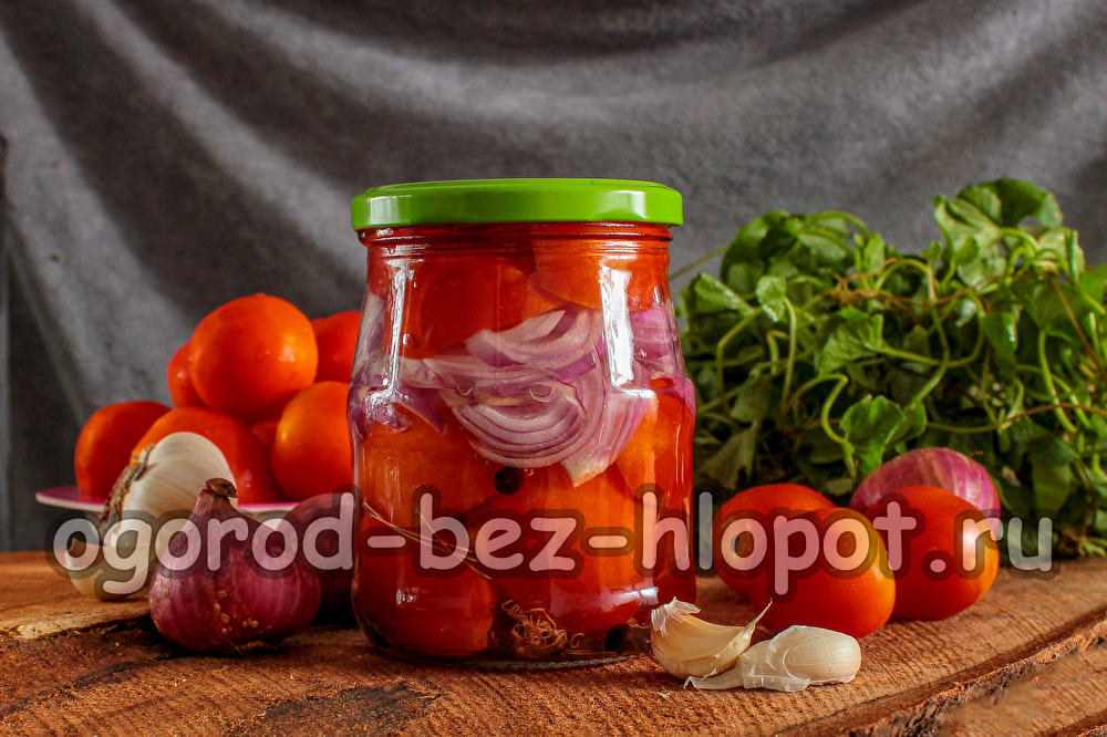 Salade de tomates et d'oignons en couches pour l'hiver